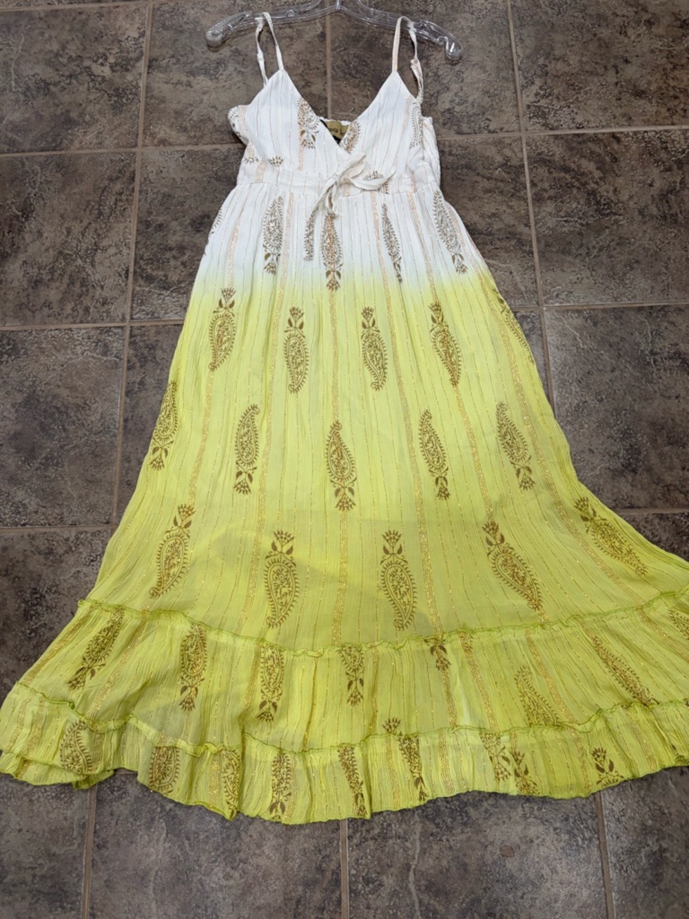 Jessica Taylor Bohemian White to Yellow Ombre Maxi Dress with Metallic Paisley